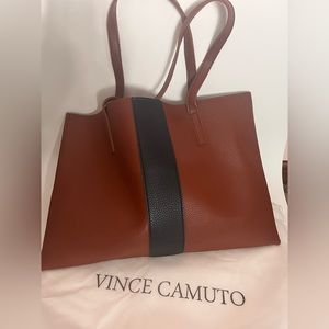 Vince Camuto Vegan Pebbled Leather Brown & Black Striped Tote Bag With Dust Bag